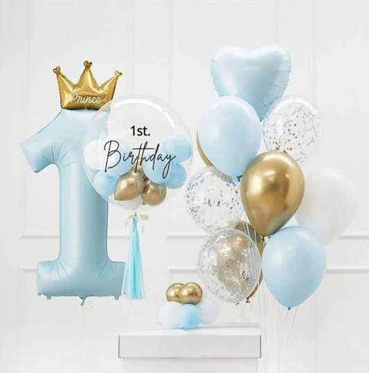 40" 1st Birthday Blue Balloon Bundle Set - 'Prince' Crown Design - Easy Setup - Gold, White, Blue Confetti Balloons Included - Perfect for Baby Boys