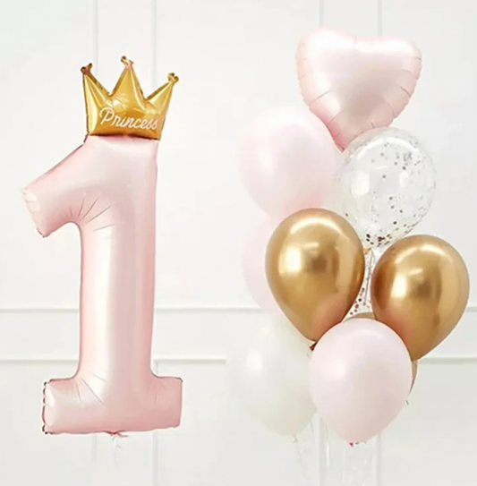 40" 1st Birthday Pink Balloon Bundle Set - 'Princess' Crown Design - Easy Setup - Gold, White, Pink Confetti Balloons Included - Perfect for Baby Girls
