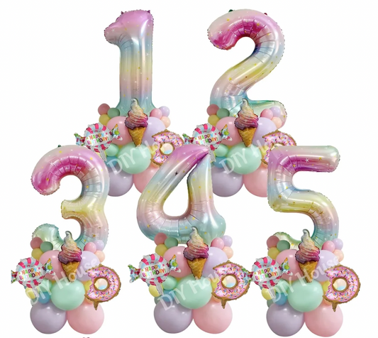 28Pcs Sweet Theme Rainbow Gradient DIY Balloon Tower Bundle Featuring Ice Cream Sweets And Donuts 0-9 Age Balloons