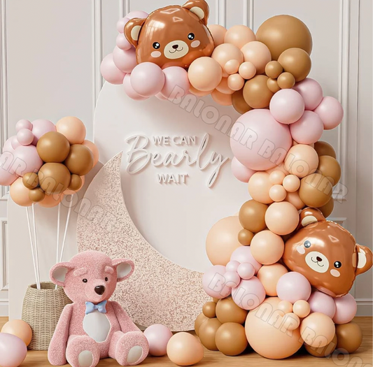 98Pcs Brown Cute Bear, Pink And Blue Matte Garland Arch Kit Bundle Latex Baby Shower Kids Parties Birthday Celebration Decoration